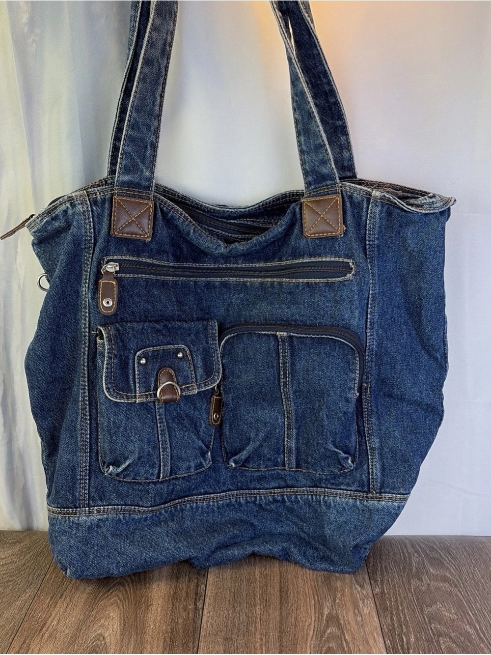 Vintage Dark Wash Cotton Denim Large Tote Shoulder Bag Lots of Pockets